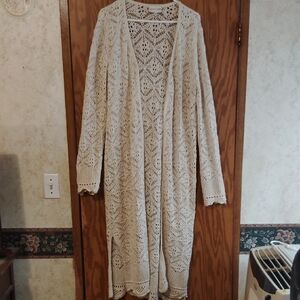 Freshman Open-Front Crochet Longline Cardigan - Cream